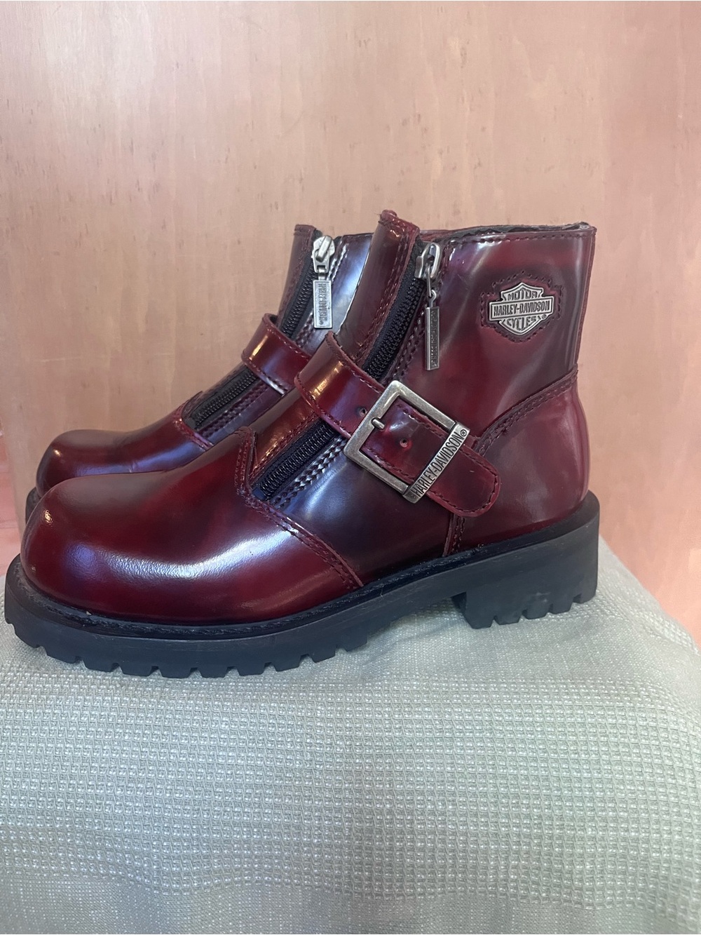 Vintage Harley Davidson Cherry Red Leather Double Zip Buckle Moto Boots Size 6